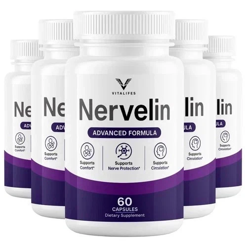 Five Nervelin bottles photographed together, front labels showing